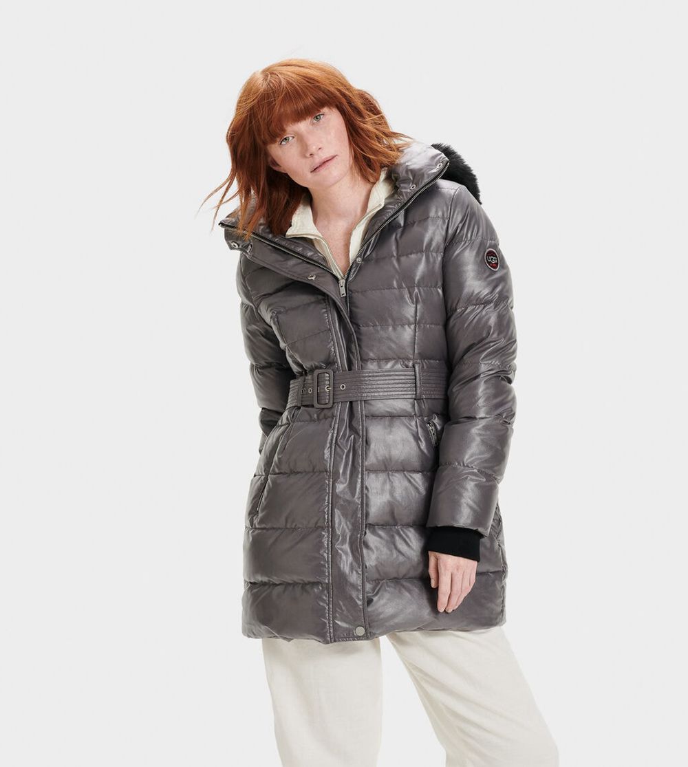 Ugg Valerie Belted Down Ii - Womens Coats - Dark Grey - NZ (8956QTFOB)